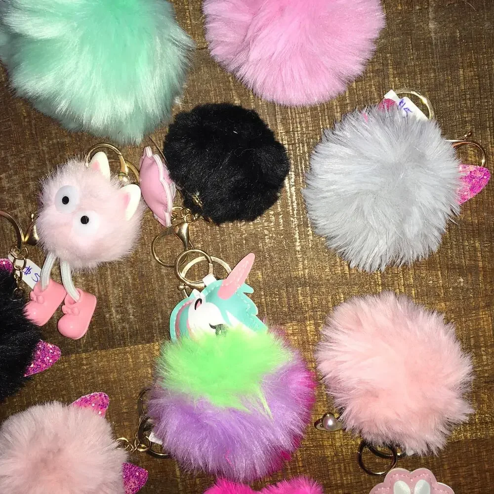 Faux Fur Pom Pom Keychain Bag Charms Assorted Wholesale LOT OF 16 Purse Charm
